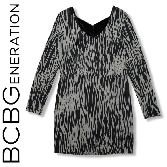 BCBGeneration Dresses & Skirts - BCBGENERATION Black Grey Zebra Print Vneck Fitted Long Sleeve Mini Dress L